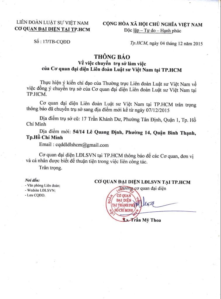 THÔNG BÁO : v/v Chuyển trụ sở làm việc của Cơ quan đại diện Liên đoàn Luật sư Việt Nam tại TP.HCM